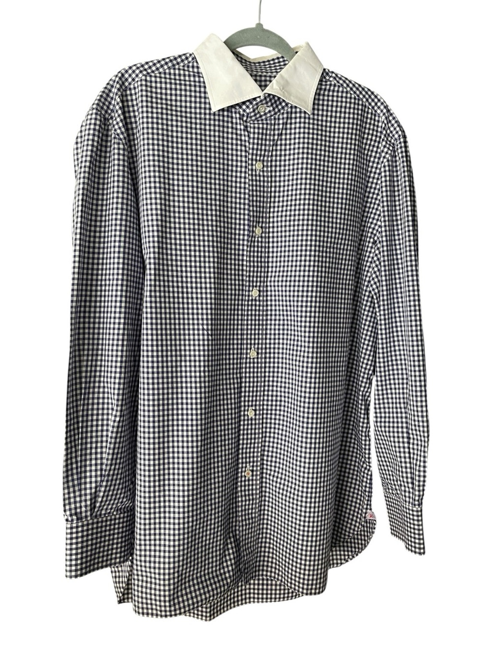 Isaia Napoli Blue White Gingham Check Dress Shirt Mens XL 17.5 44 Italy Cotton